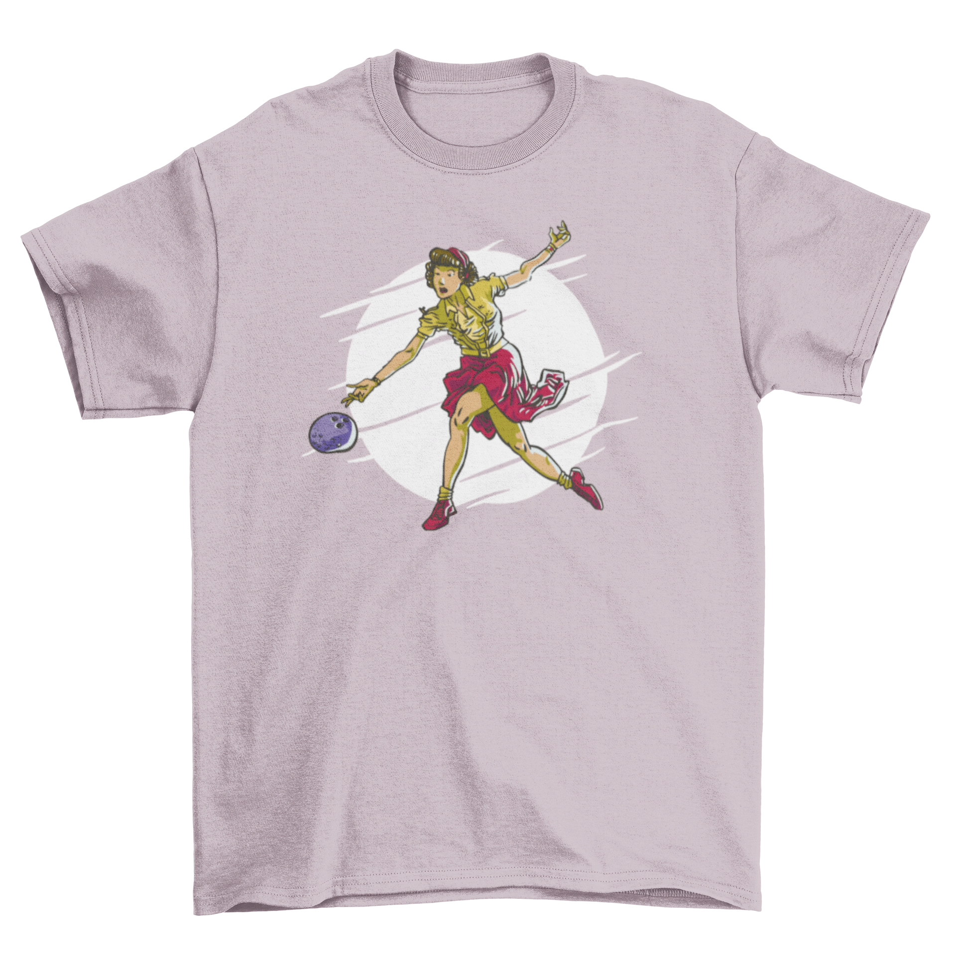 A stylish t-shirt featuring a graphic of a woman playing bowling, showcasing vibrant colors and a modern design.