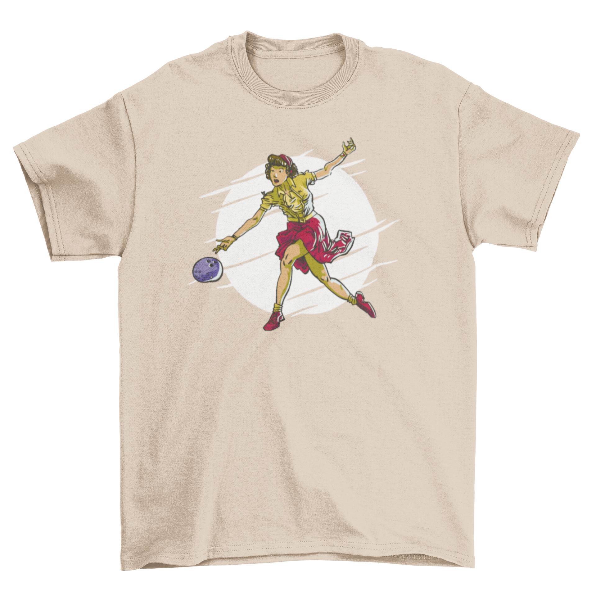 A stylish t-shirt featuring a graphic of a woman playing bowling, showcasing vibrant colors and a modern design.