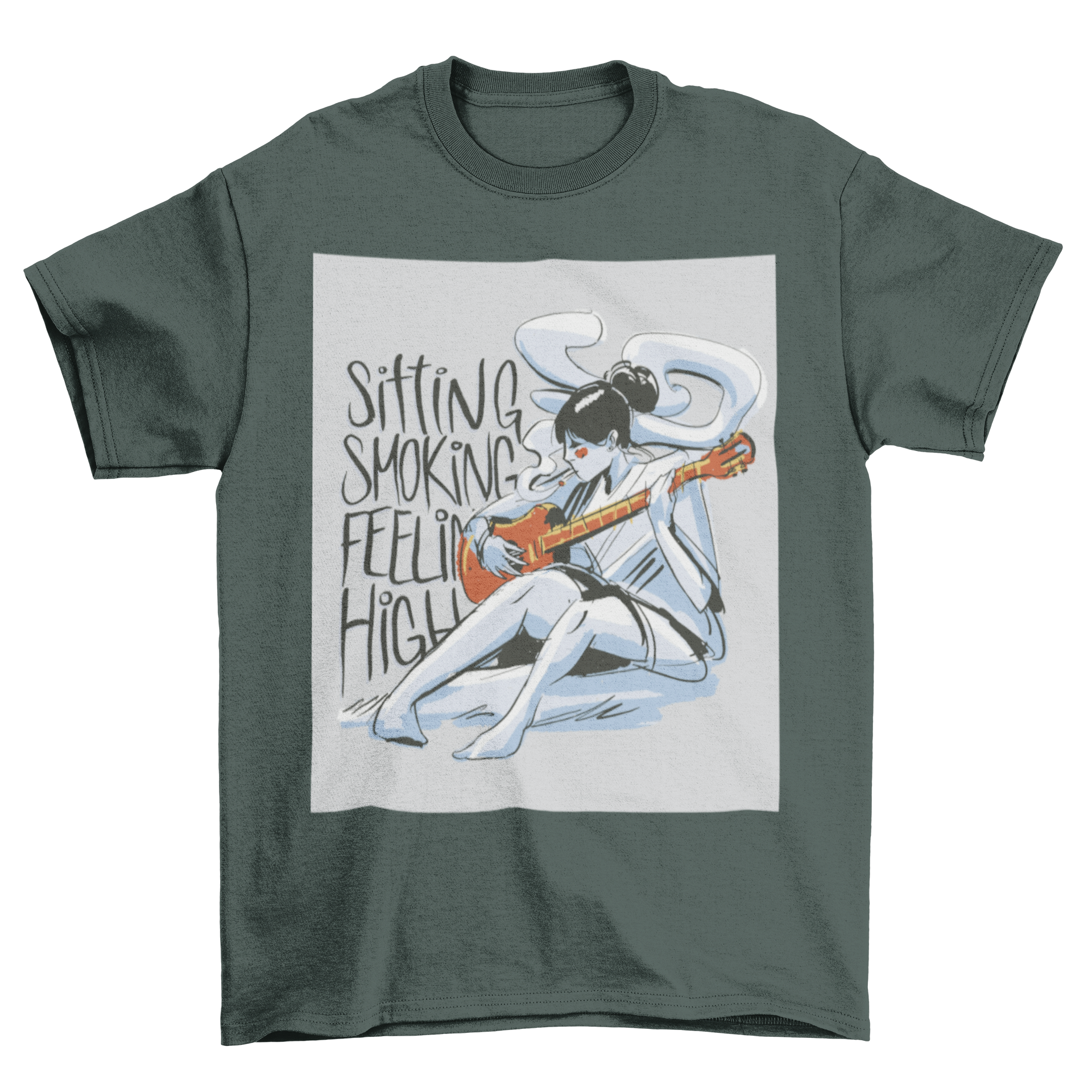 A stylish t-shirt featuring a woman playing guitar and smoking, with the quote 'Sitting, smoking, feeling high'.