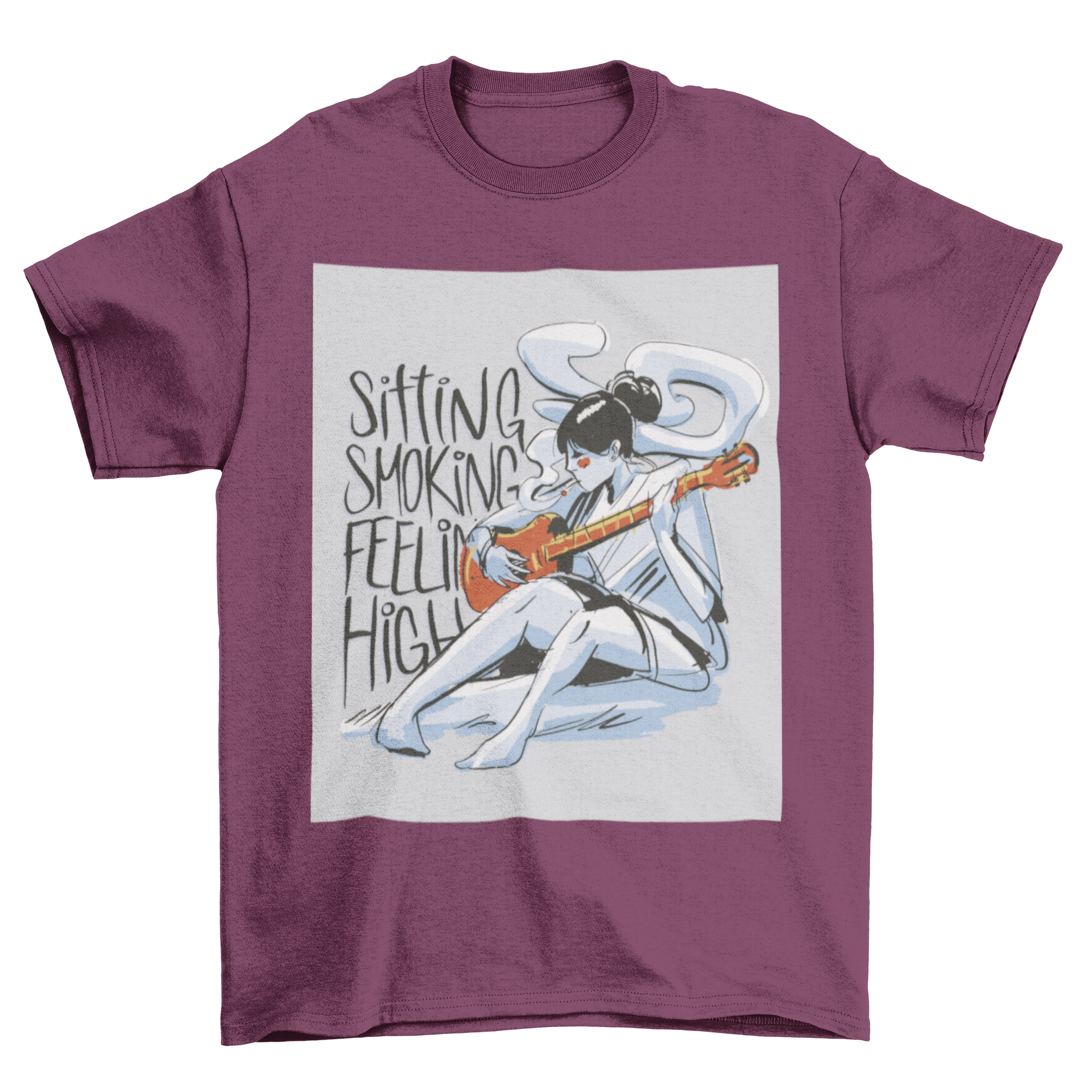 A stylish t-shirt featuring a woman playing guitar and smoking, with the quote 'Sitting, smoking, feeling high'.
