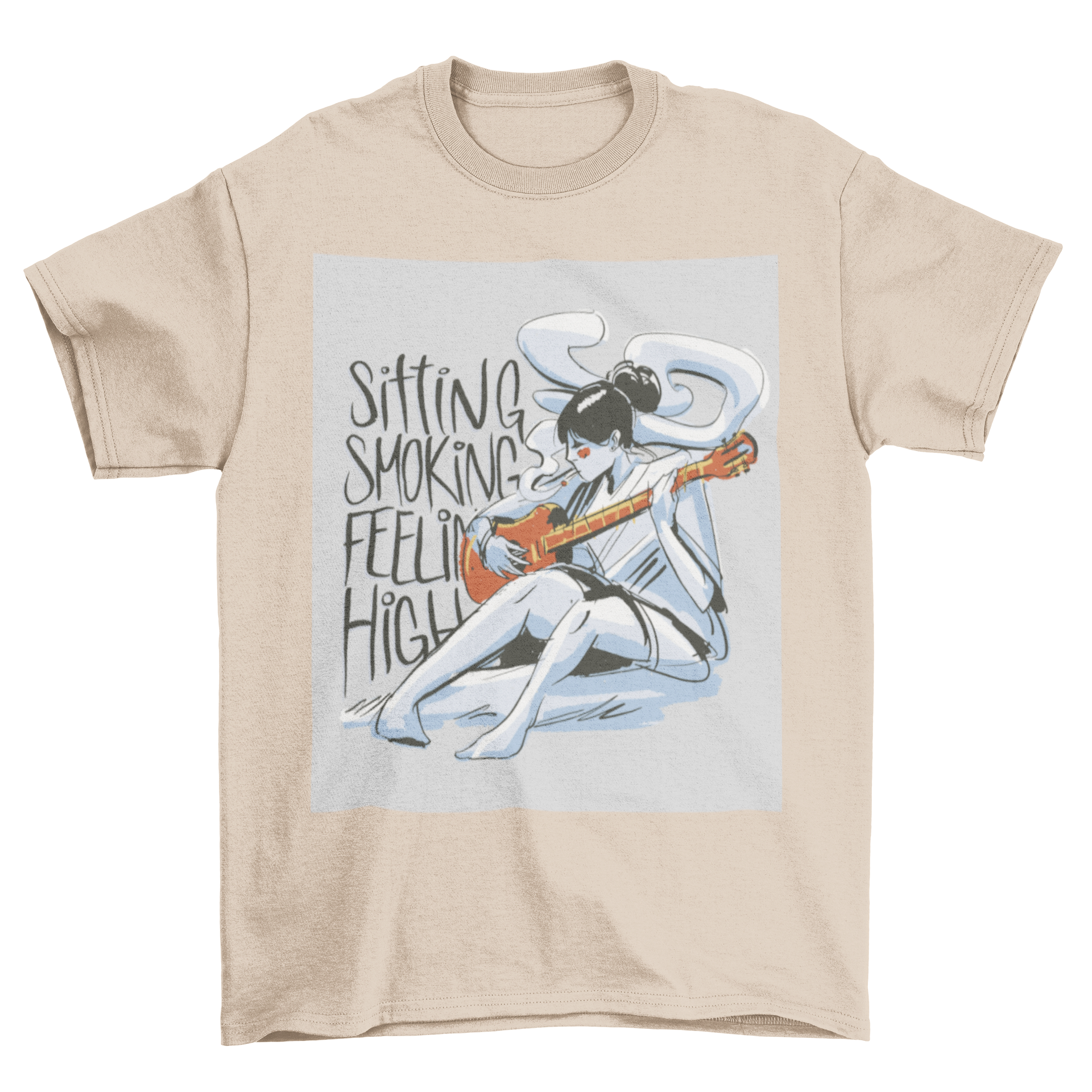 A stylish t-shirt featuring a woman playing guitar and smoking, with the quote 'Sitting, smoking, feeling high'.