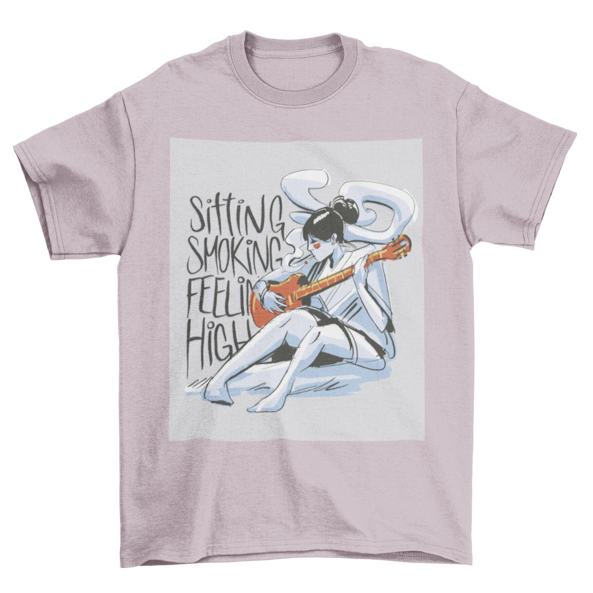 A stylish t-shirt featuring a woman playing guitar and smoking, with the quote 'Sitting, smoking, feeling high'.