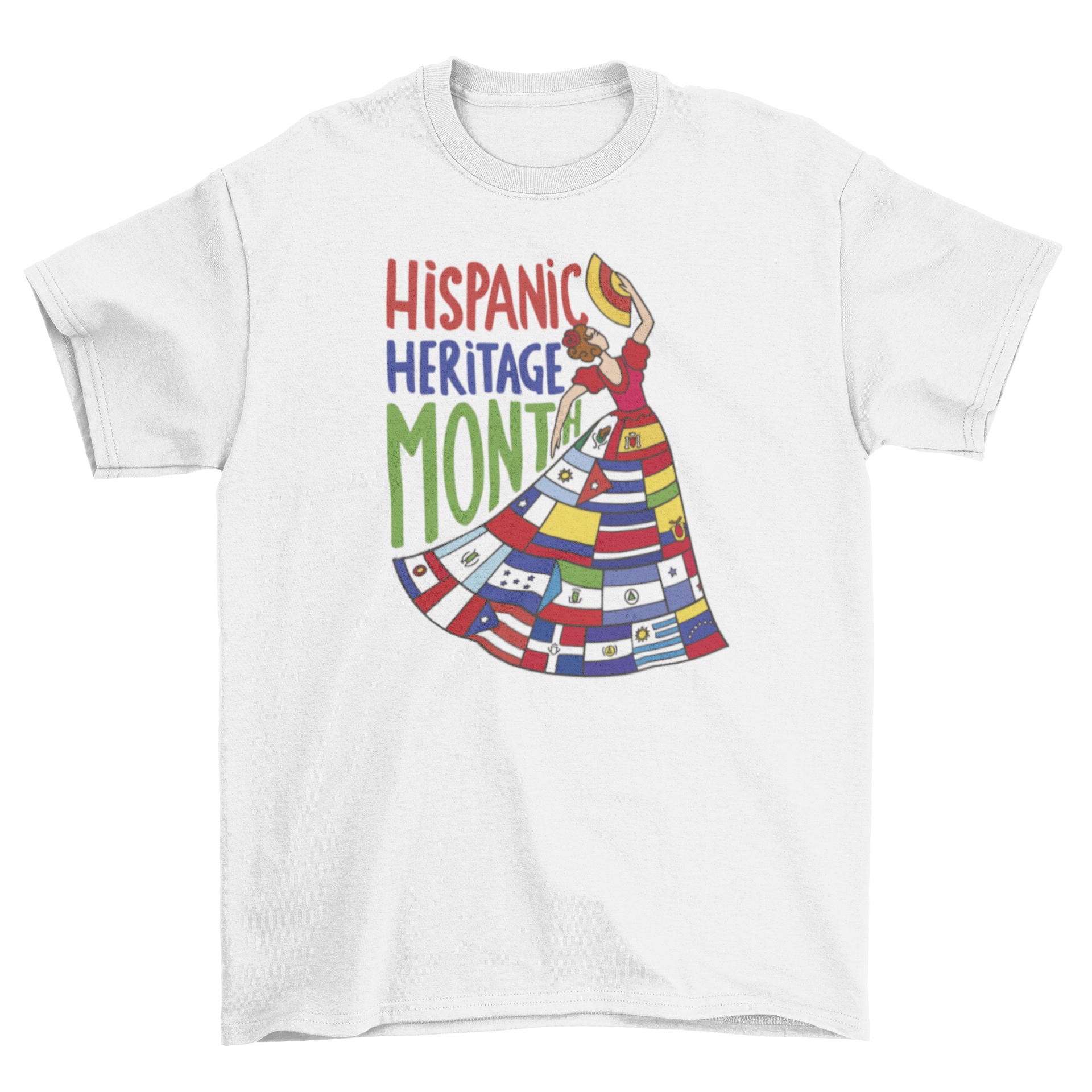 A vibrant t-shirt featuring a woman in a dress made of various Latin American flags, including Mexico, Cuba, and Argentina.