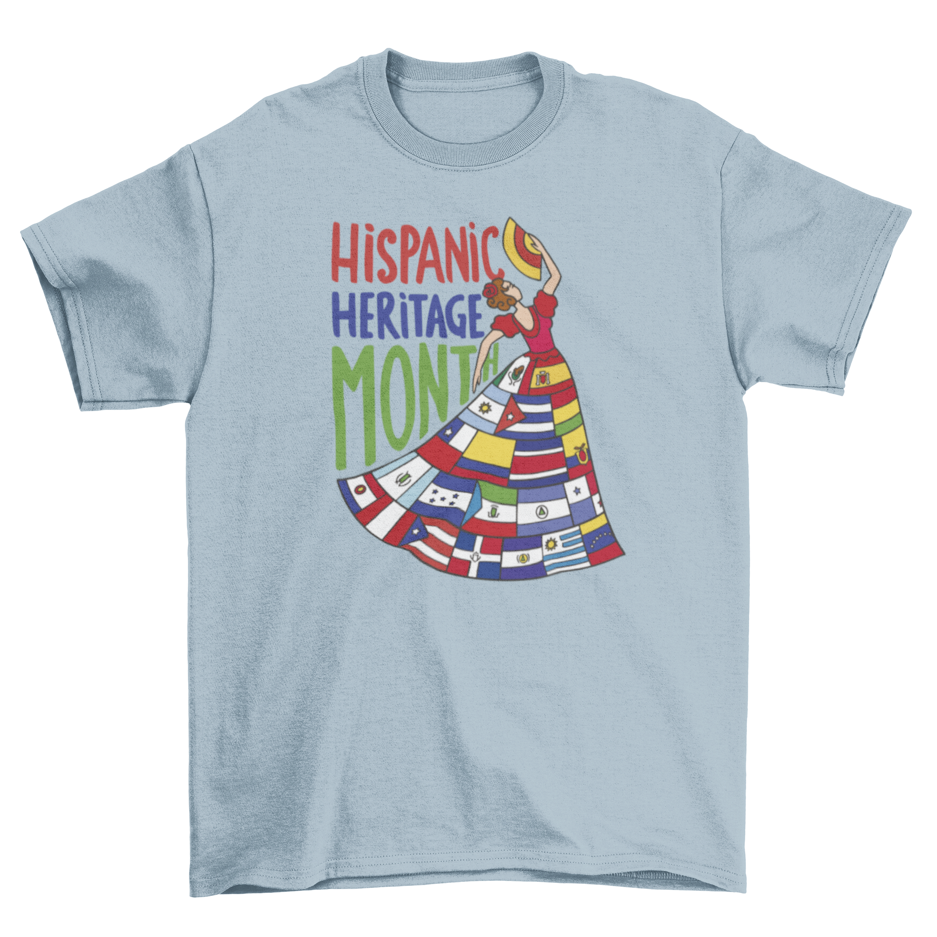 A vibrant t-shirt featuring a woman in a dress made of various Latin American flags, including Mexico, Cuba, and Argentina.