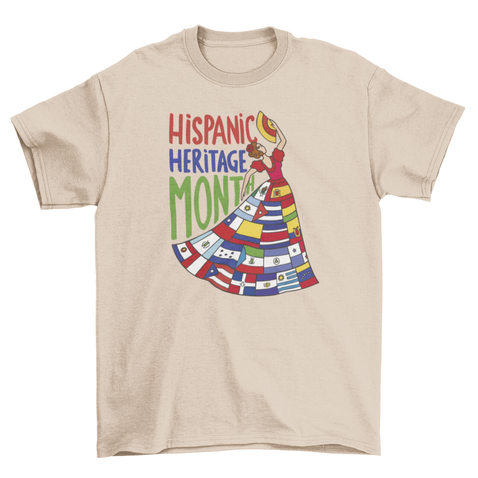 A vibrant t-shirt featuring a woman in a dress made of various Latin American flags, including Mexico, Cuba, and Argentina.