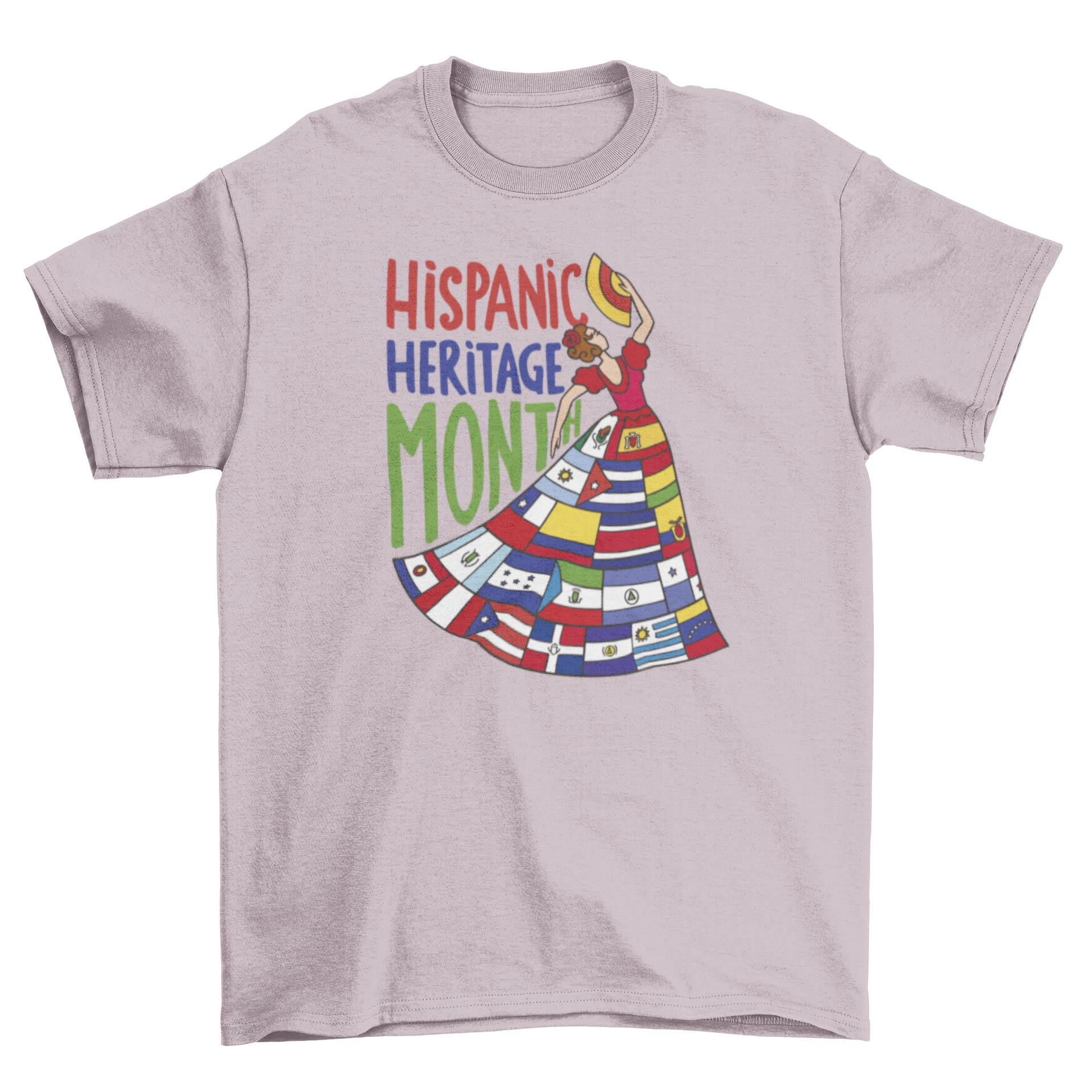 A vibrant t-shirt featuring a woman in a dress made of various Latin American flags, including Mexico, Cuba, and Argentina.