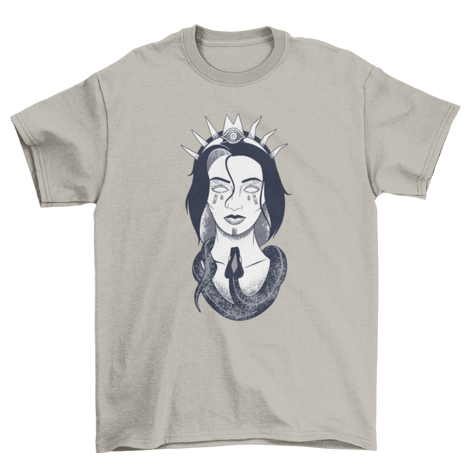 A stylish t-shirt featuring an illustration of a woman with a crown and a snake around her neck, showcasing unique artistic design.