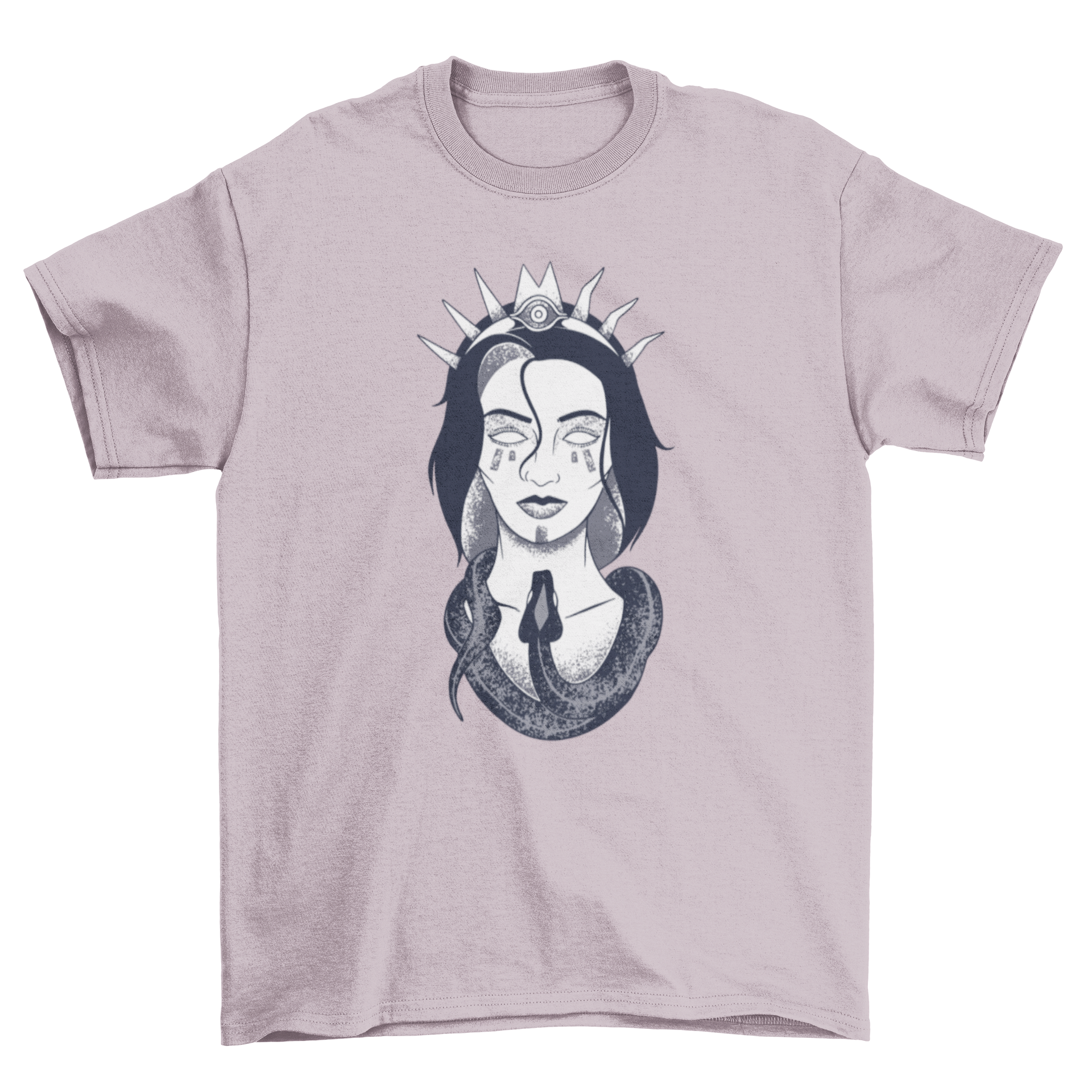 A stylish t-shirt featuring an illustration of a woman with a crown and a snake around her neck, showcasing unique artistic design.