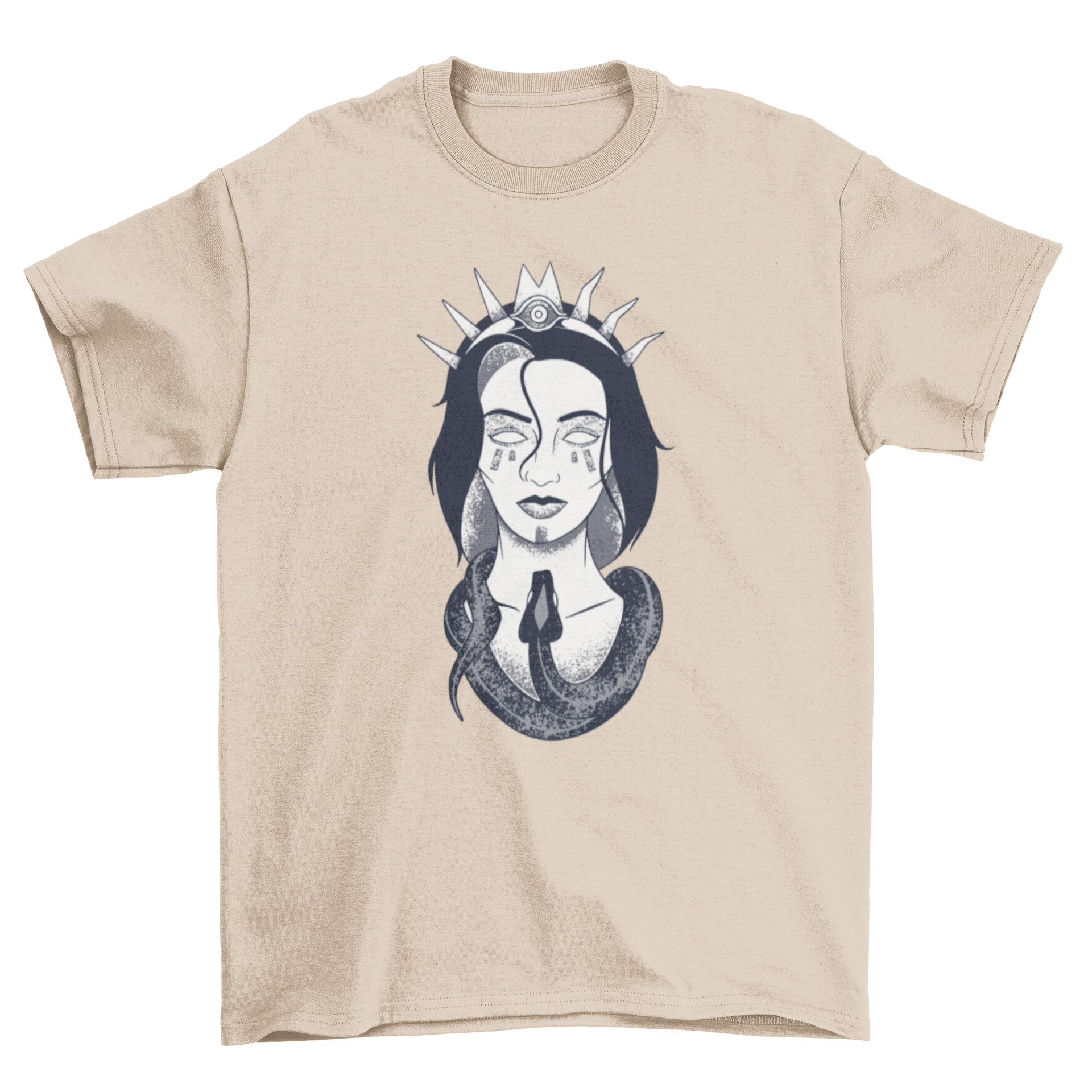 A stylish t-shirt featuring an illustration of a woman with a crown and a snake around her neck, showcasing unique artistic design.