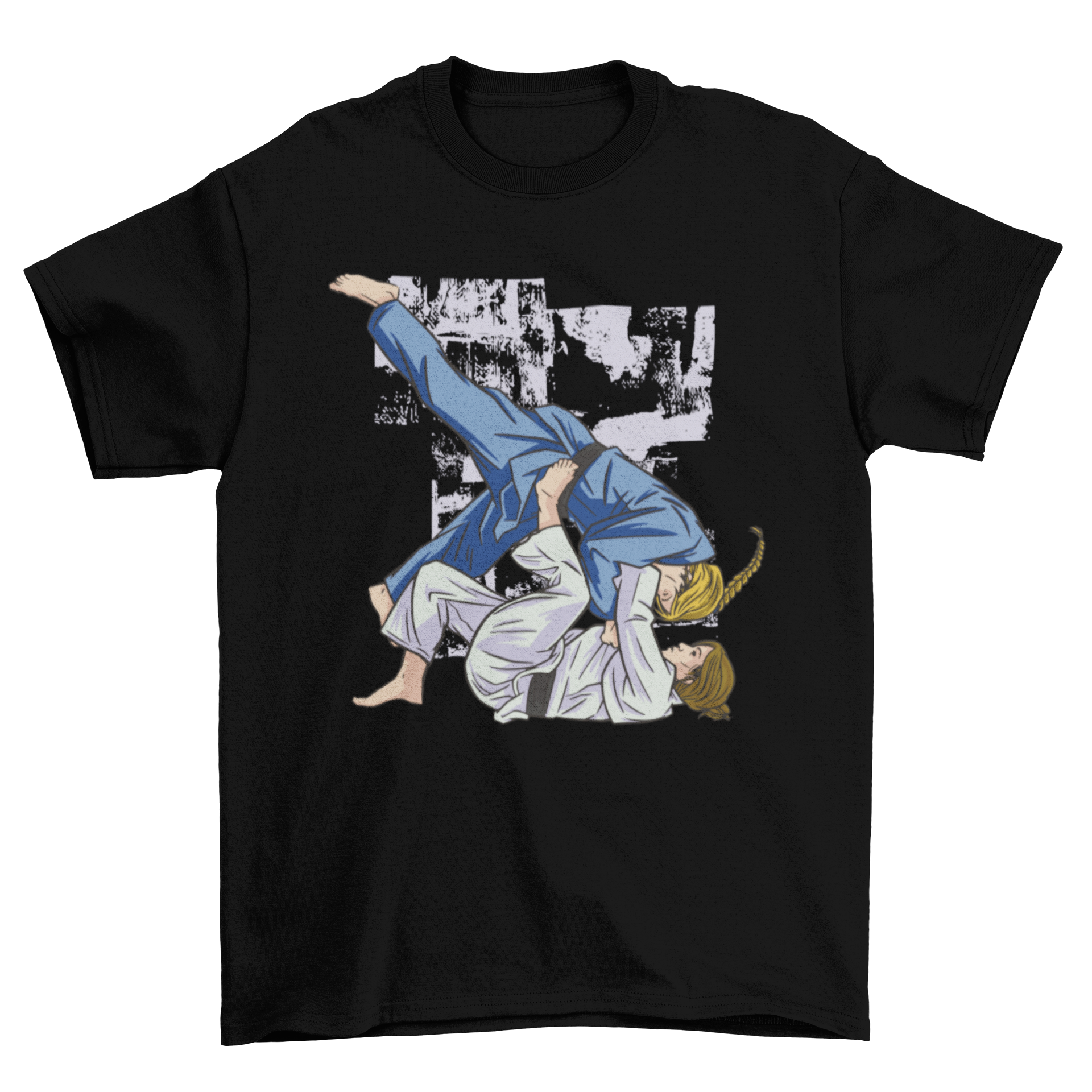 A stylish t-shirt design featuring two women practicing jiu jitsu, showcasing strength and skill.