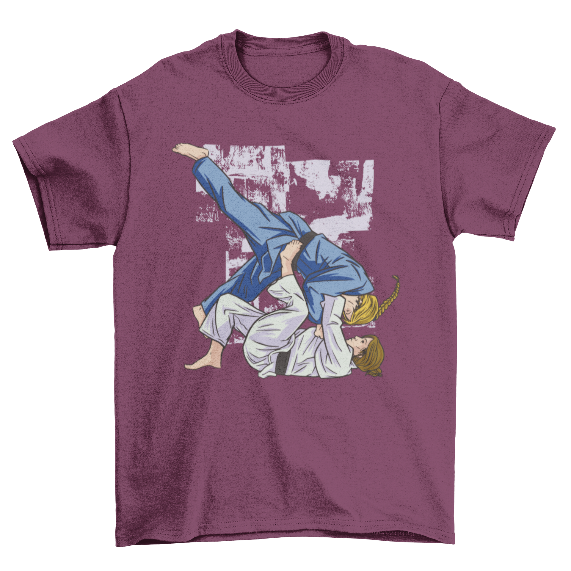 A stylish t-shirt design featuring two women practicing jiu jitsu, showcasing strength and skill.