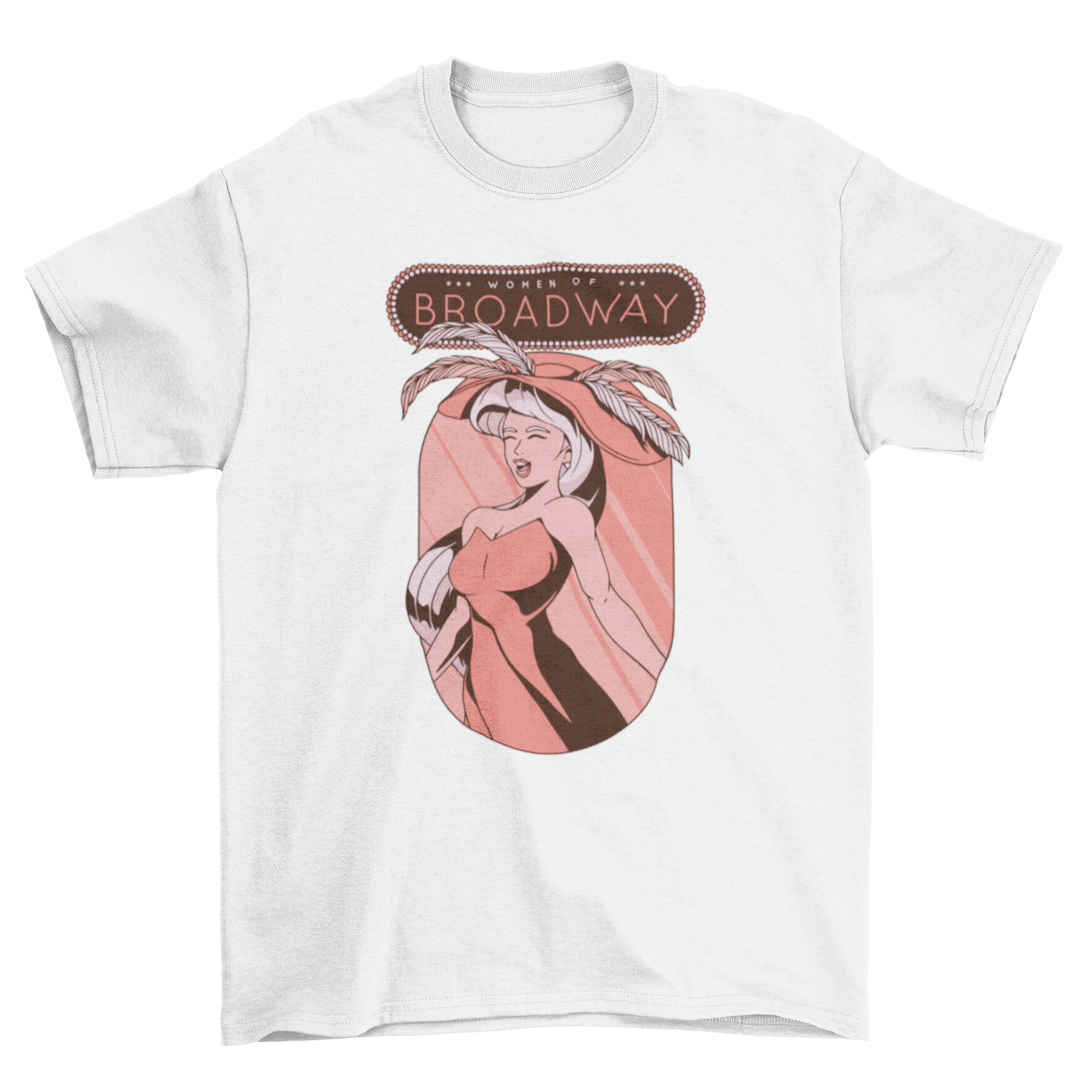 Women of Broadway T-shirt featuring a singing woman design with bold text above.