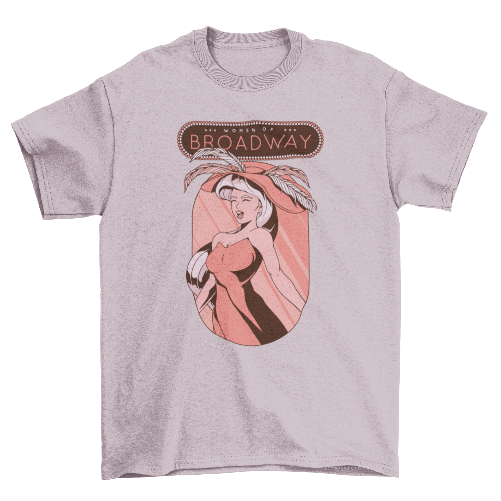 Women of Broadway T-shirt featuring a singing woman design with bold text above.