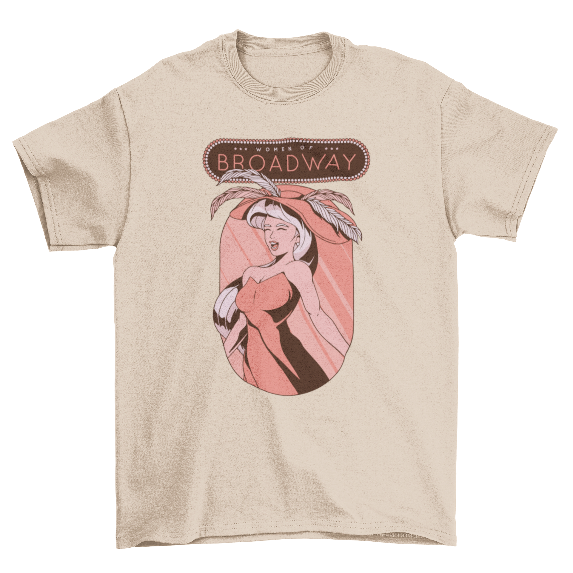 Women of Broadway T-shirt featuring a singing woman design with bold text above.