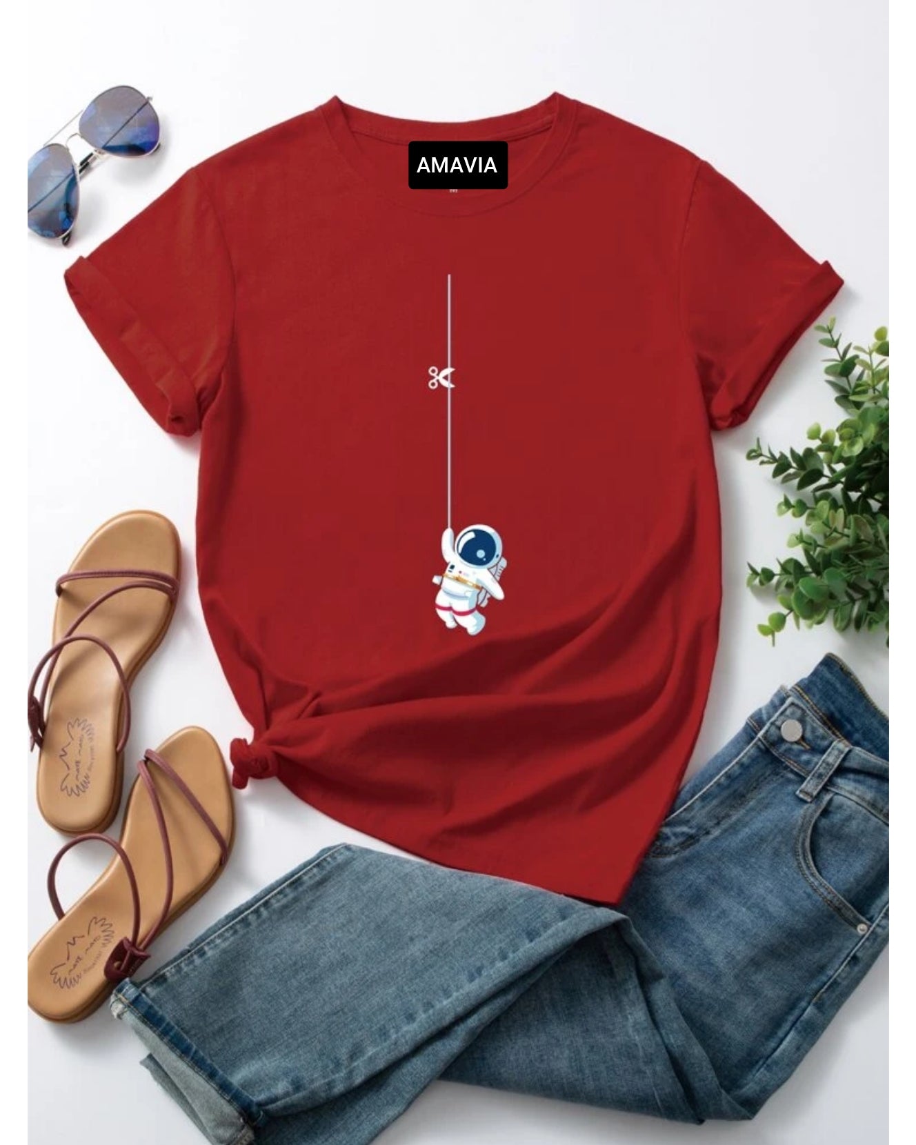Women's Premium Cotton Printed T-Shirt in red with unique design, showcasing soft fabric and comfortable fit.