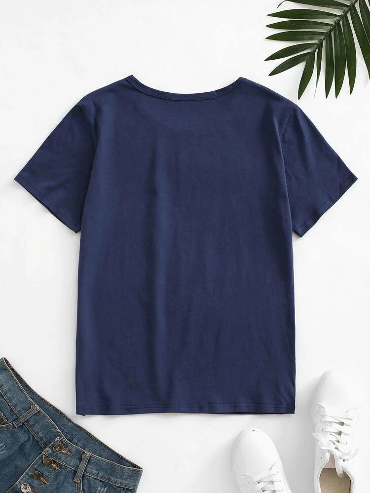 Women's Premium Cotton Printed T-Shirt in Navy Blue with stylish print design.