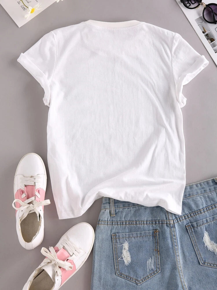 Womens Premium Cotton Printed T-Shirt in white with stylish print design, showcasing its soft fabric and relaxed fit.