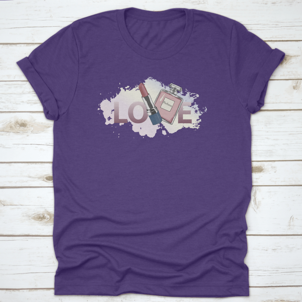 A stylish women's shirt featuring a unique design of perfume and lipstick, made from high-quality cotton fabric.