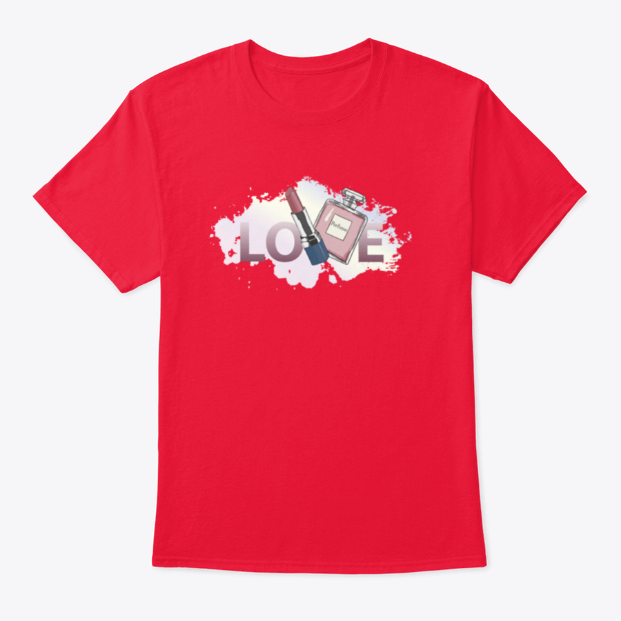 A stylish women's shirt featuring a unique design of perfume and lipstick, made from high-quality cotton fabric.