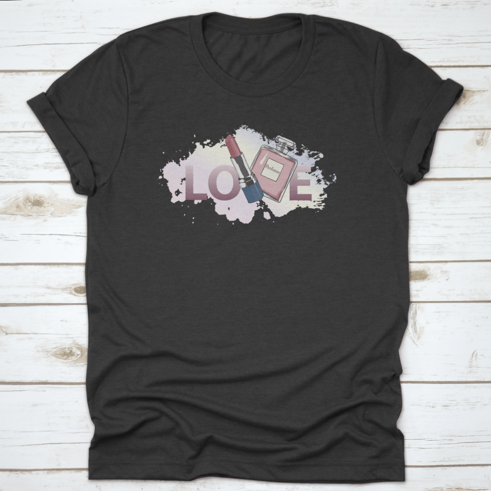 A stylish women's shirt featuring a unique design of perfume and lipstick, made from high-quality cotton fabric.