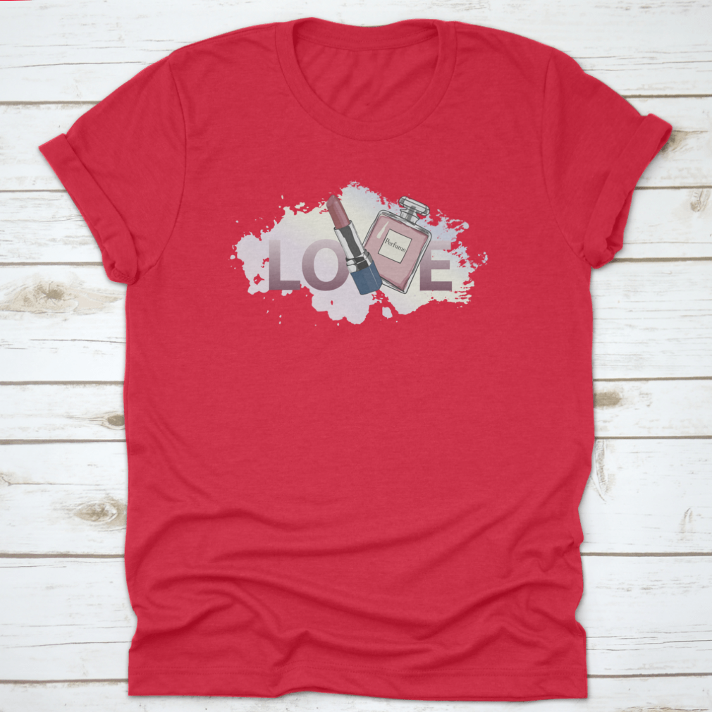 A stylish women's shirt featuring a unique design of perfume and lipstick, made from high-quality cotton fabric.