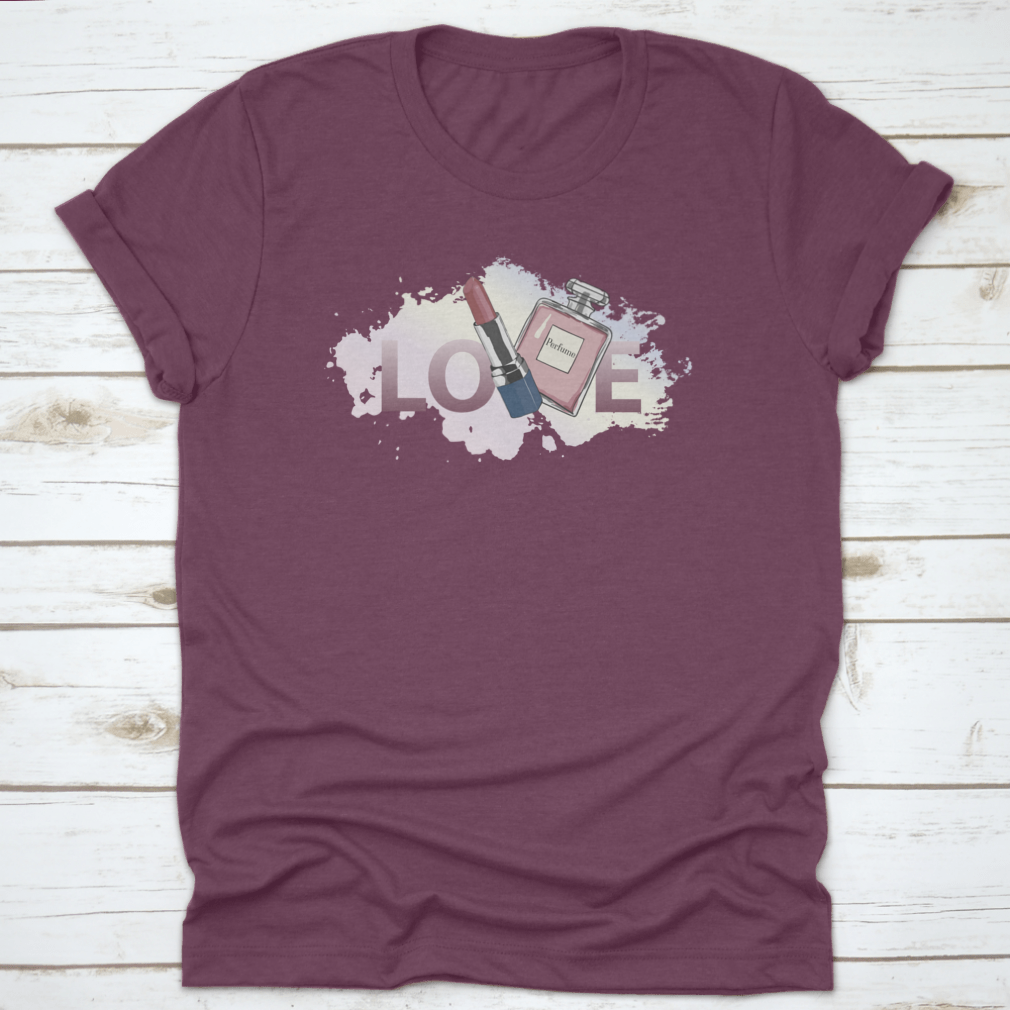 A stylish women's shirt featuring a unique design of perfume and lipstick, made from high-quality cotton fabric.