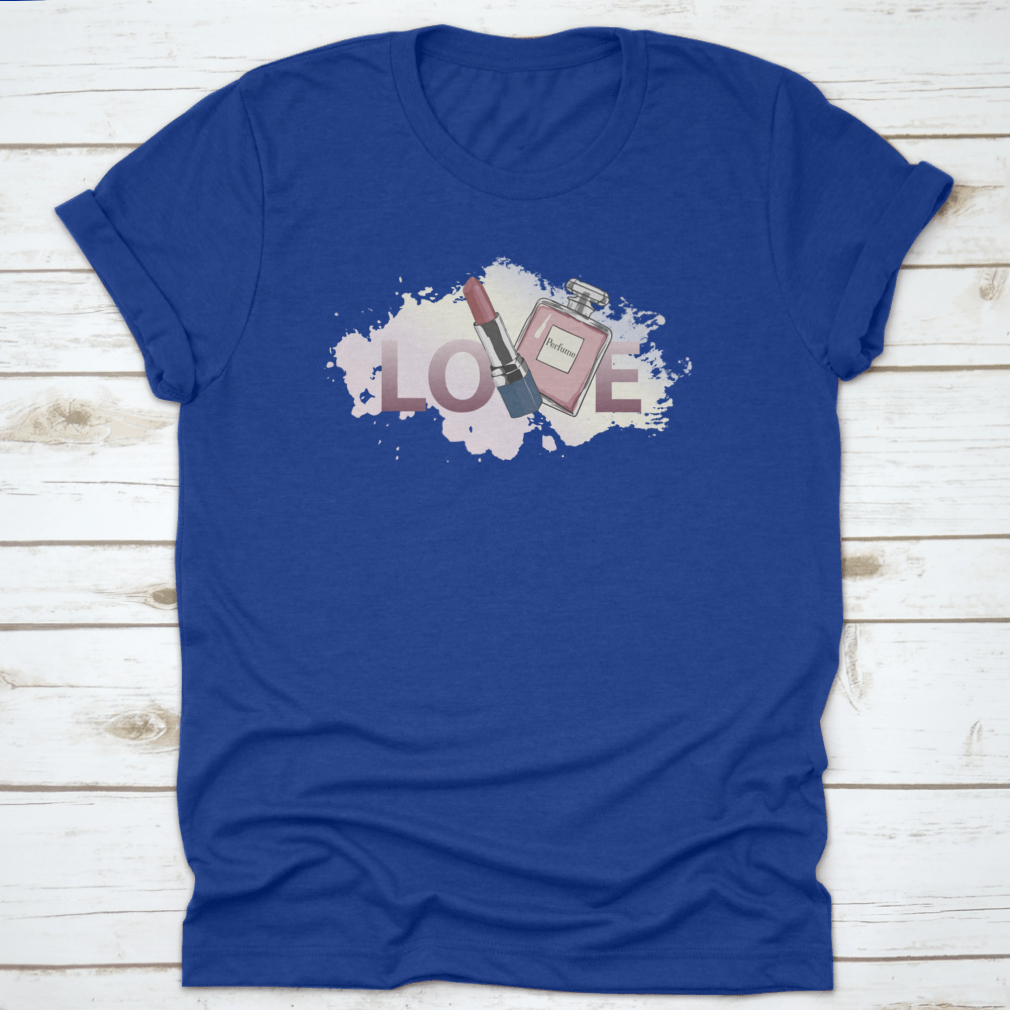 A stylish women's shirt featuring a unique design of perfume and lipstick, made from high-quality cotton fabric.