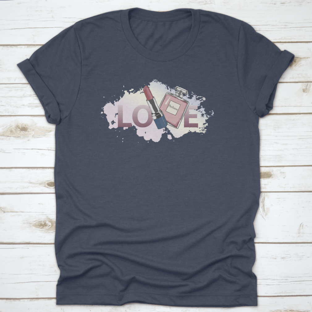 A stylish women's shirt featuring a unique design of perfume and lipstick, made from high-quality cotton fabric.