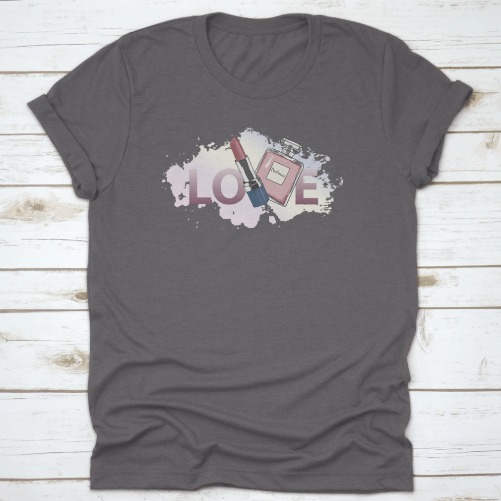 A stylish women's shirt featuring a unique design of perfume and lipstick, made from high-quality cotton fabric.