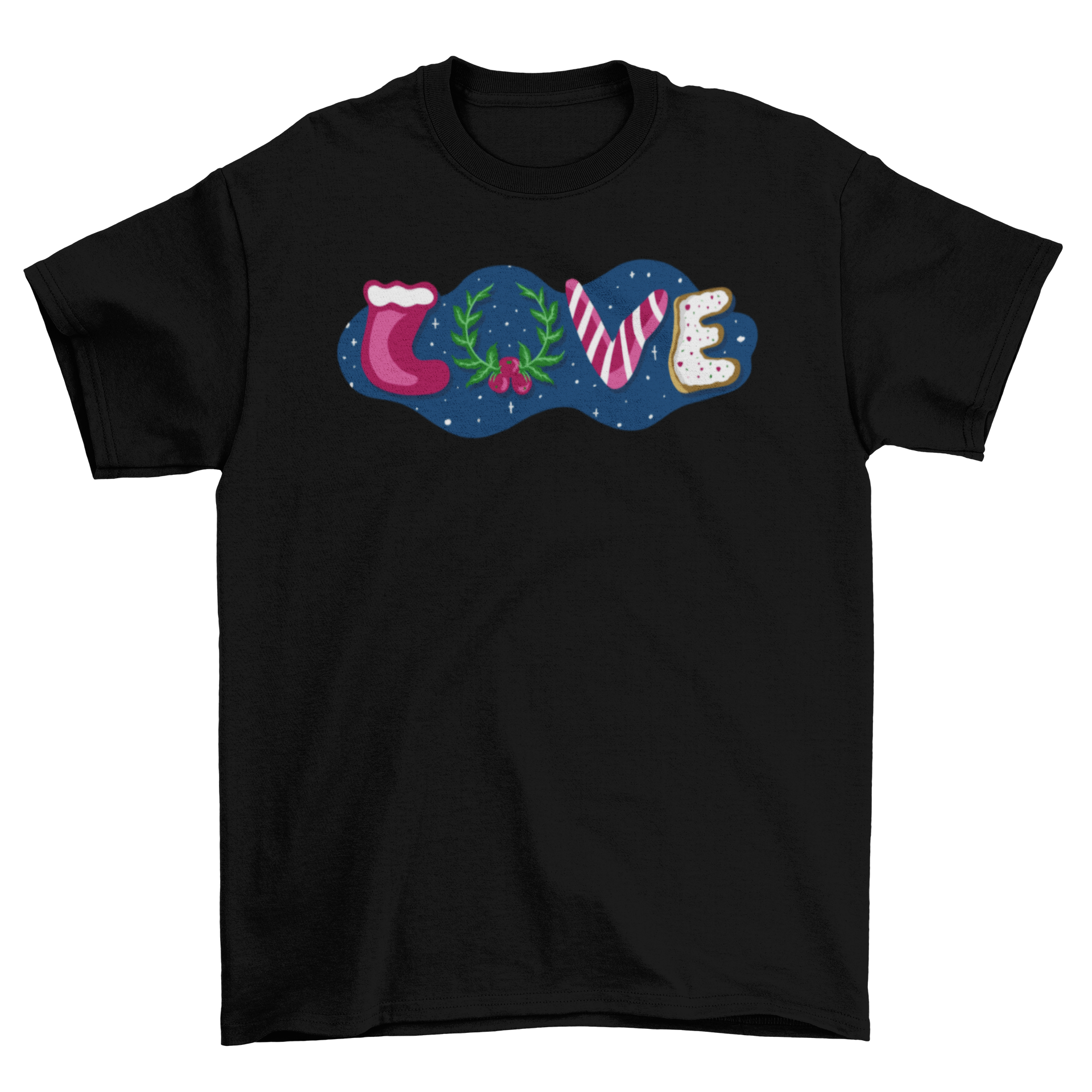 A festive t-shirt featuring the word LOVE decorated with Christmas ornaments and snowflakes.