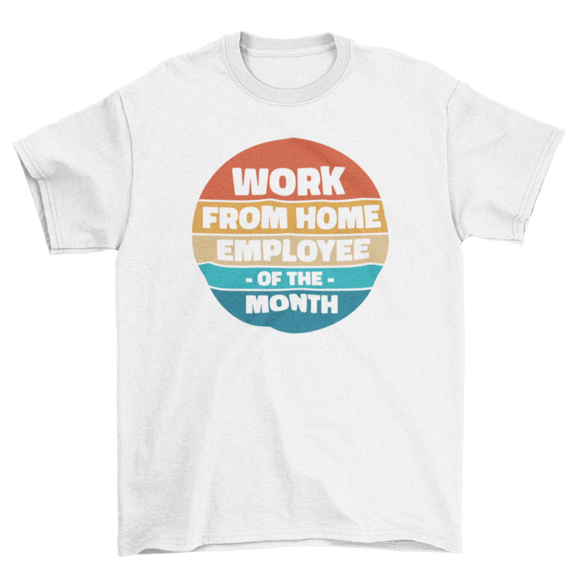 A humorous t-shirt featuring a retro sunset and the quote 'Work from home employee of the month', perfect for remote workers.