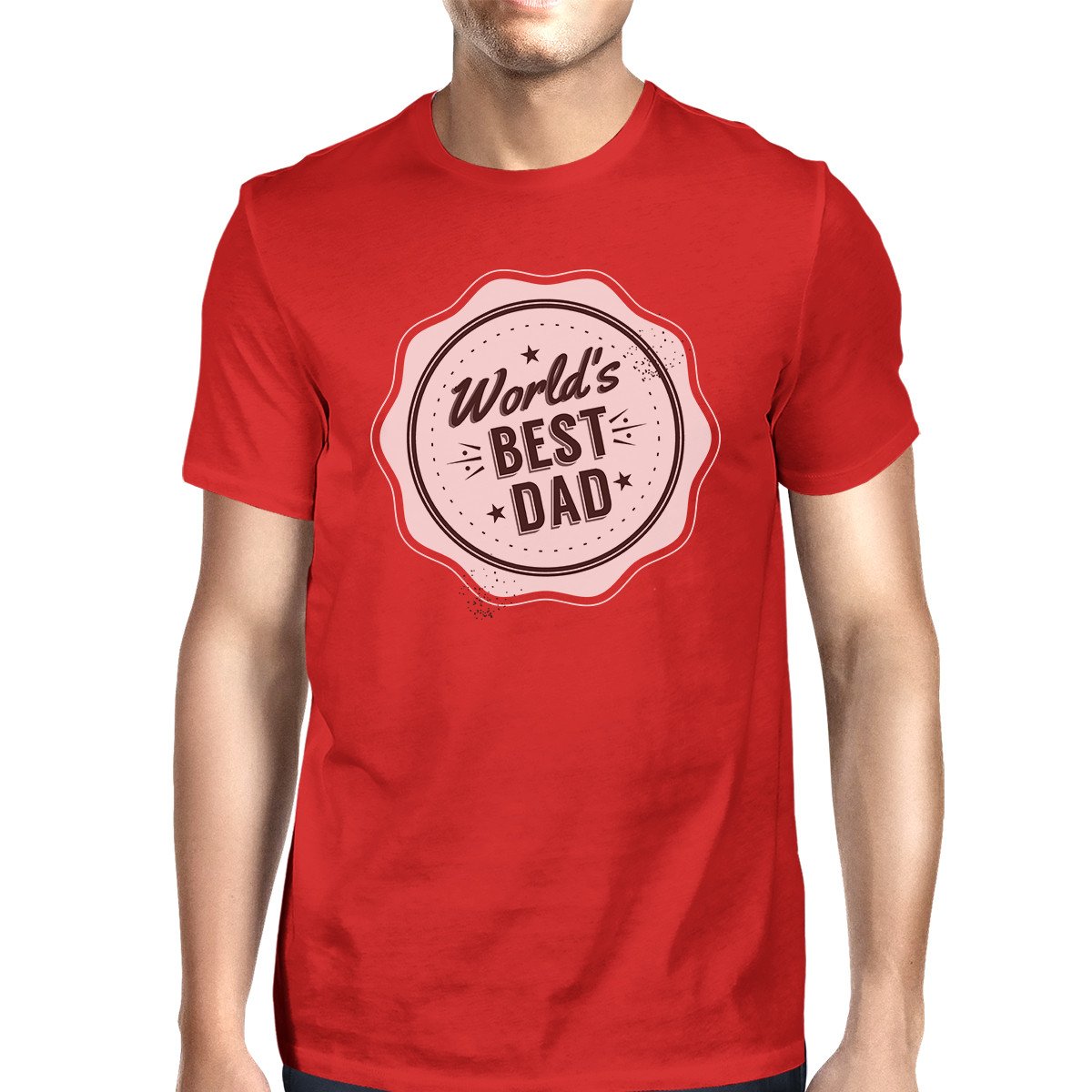Men's red crew neck cotton shirt with 'World's Best Dad' graphic design, perfect for Father's Day gifts.