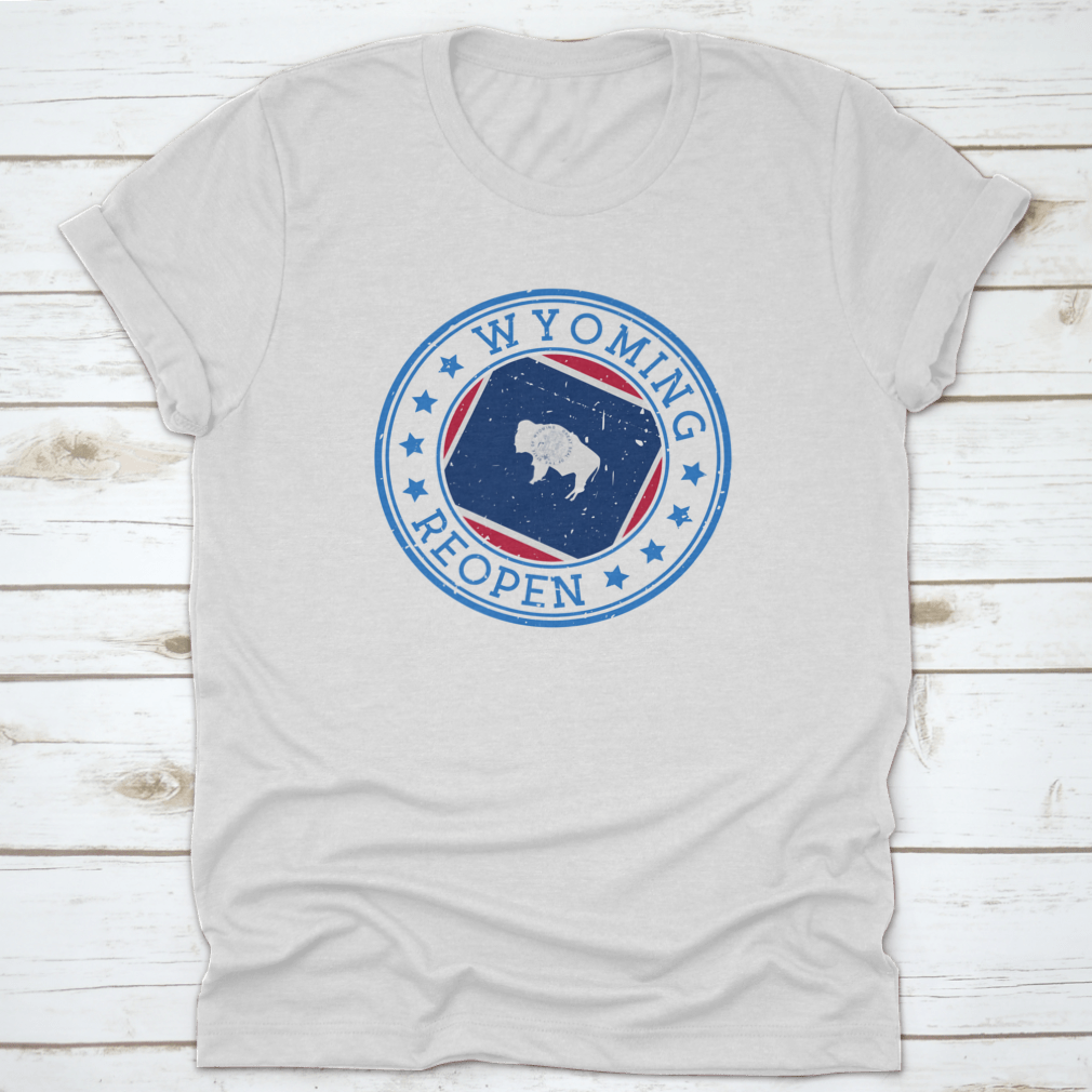 Wyoming Reopening Badge featuring the state flag, made from 100% cotton, showcasing a classic fit and durable construction.