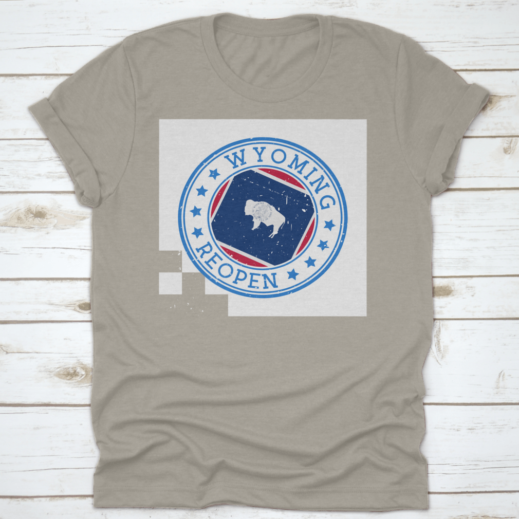 Wyoming Reopening Badge featuring the state flag, made from 100% cotton, showcasing a classic fit and durable construction.