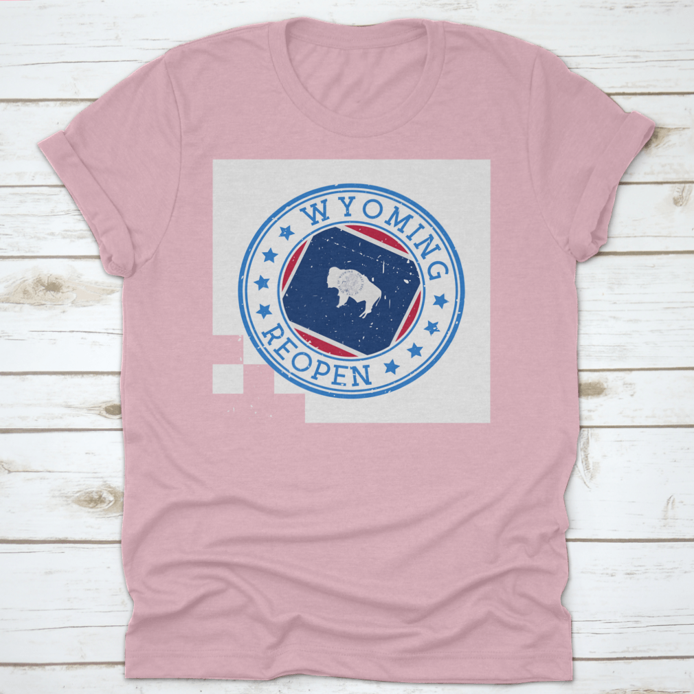 Wyoming Reopening Badge featuring the state flag, made from 100% cotton, showcasing a classic fit and durable construction.