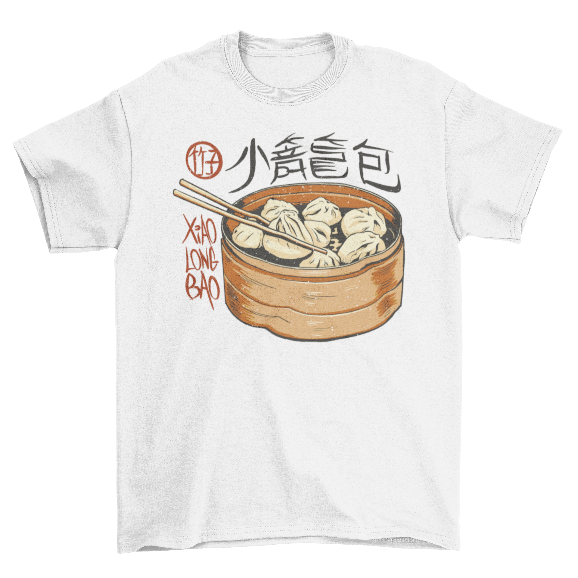 A stylish t-shirt featuring a vibrant design of Xiaolongbao dumplings, perfect for food lovers.