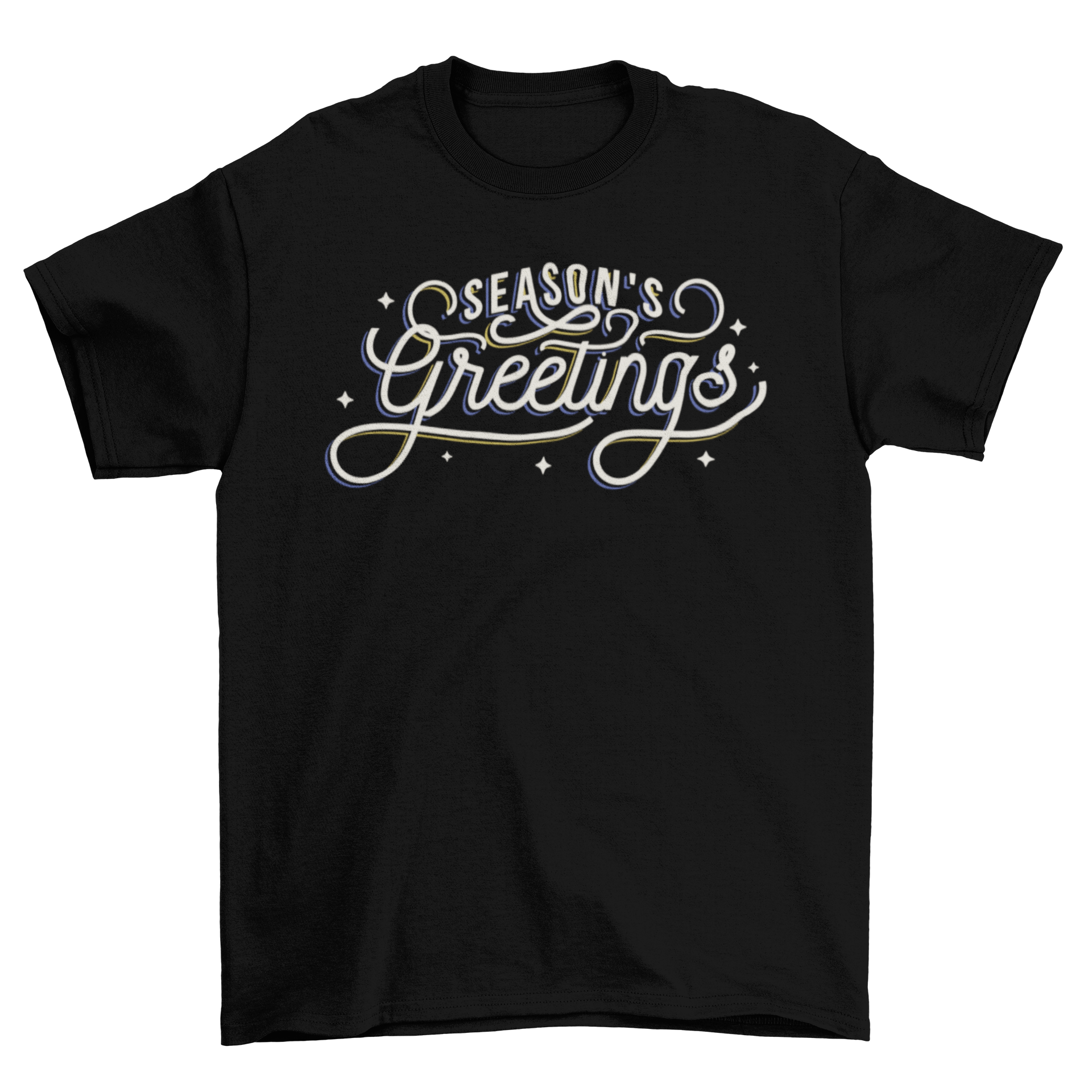 Xmas greetings t-shirt featuring artistic lettering that says Season's greetings, perfect for holiday celebrations.