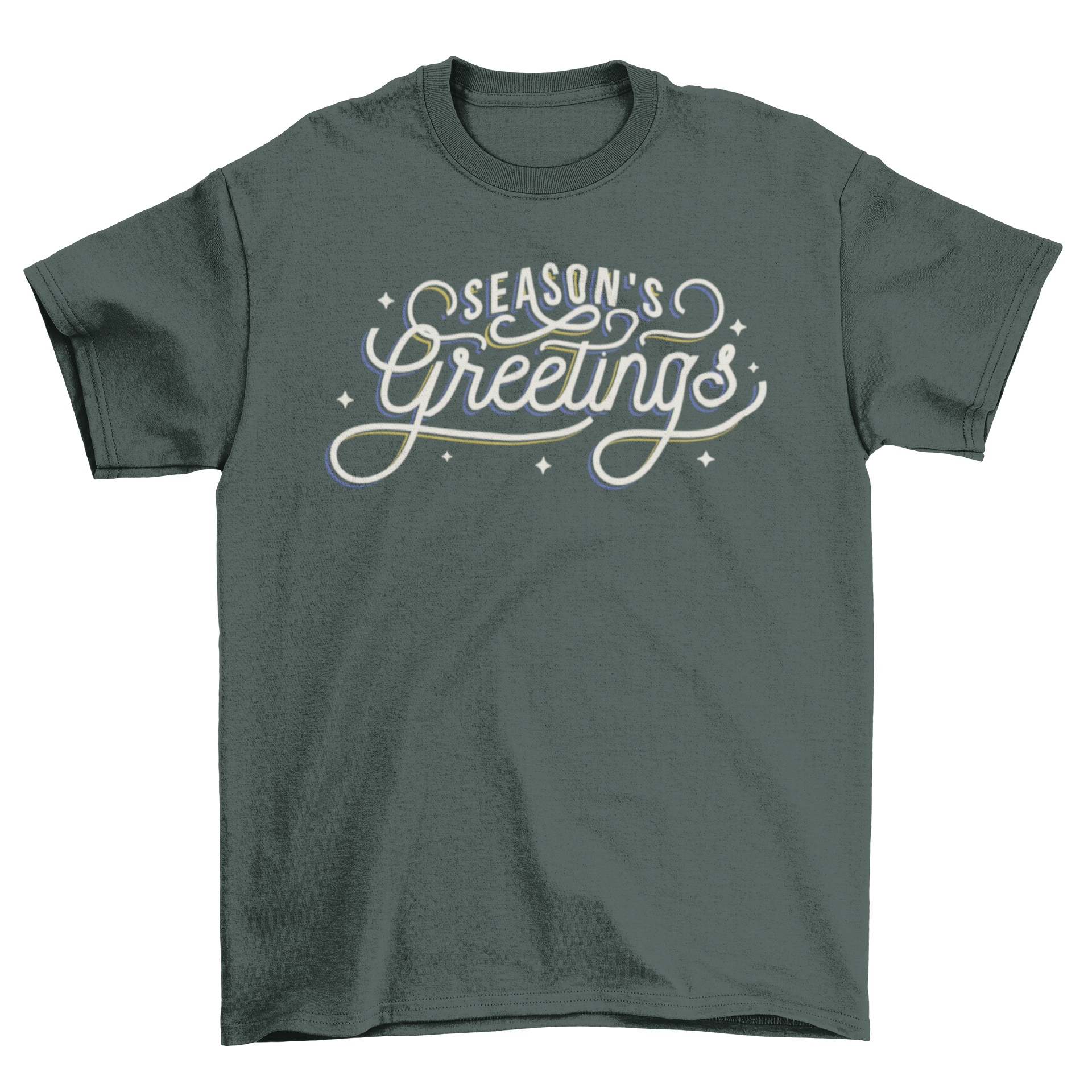 Xmas greetings t-shirt featuring artistic lettering that says Season's greetings, perfect for holiday celebrations.