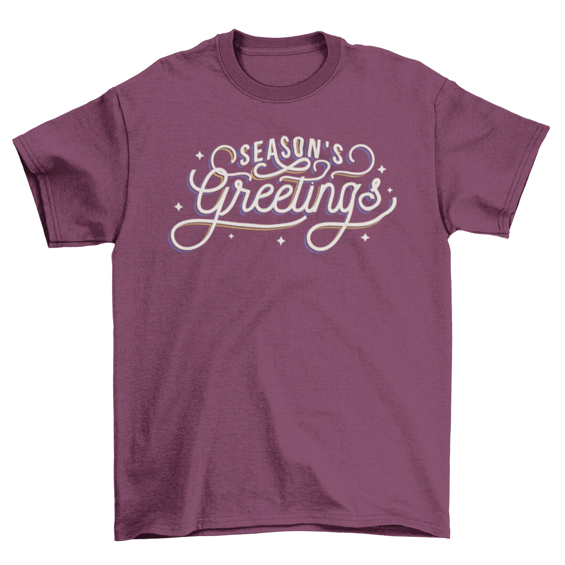 Xmas greetings t-shirt featuring artistic lettering that says Season's greetings, perfect for holiday celebrations.