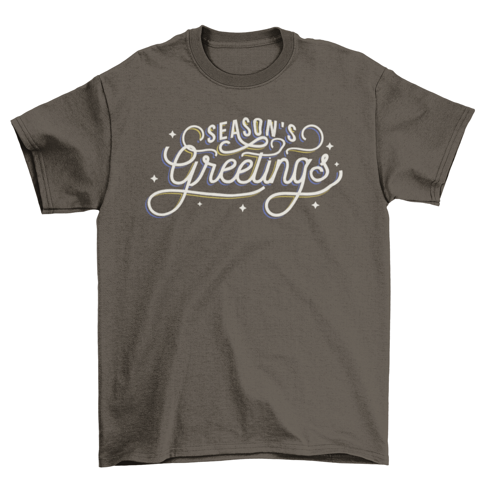 Xmas greetings t-shirt featuring artistic lettering that says Season's greetings, perfect for holiday celebrations.