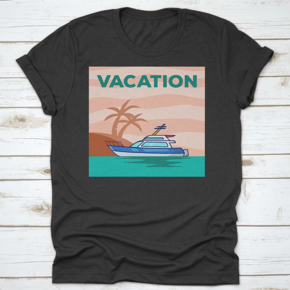 A stylish Yacht In The Ocean shirt featuring a beautiful view of a yacht with palm trees, perfect for vacation wear.