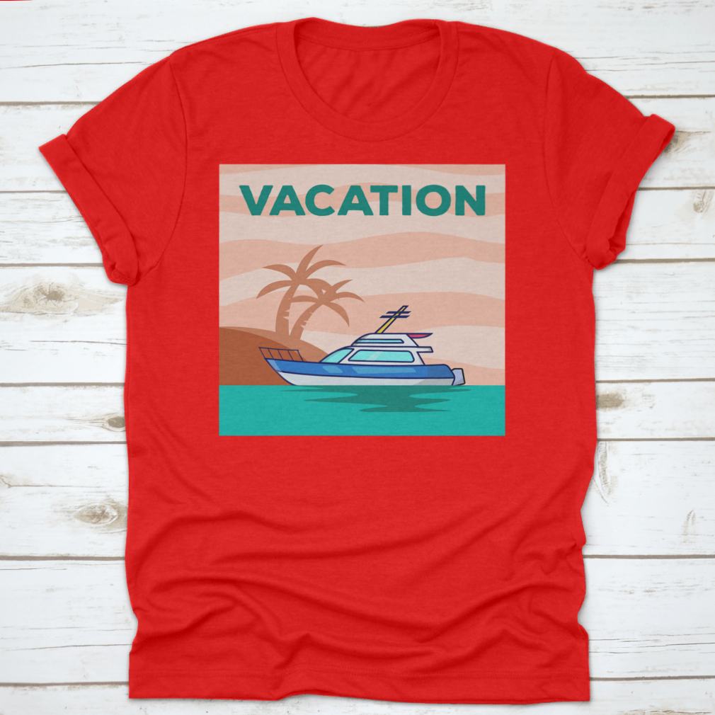 A stylish Yacht In The Ocean shirt featuring a beautiful view of a yacht with palm trees, perfect for vacation wear.