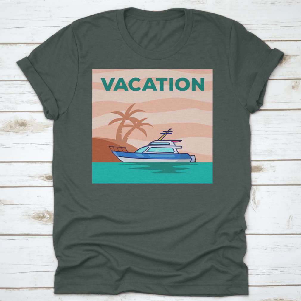 A stylish Yacht In The Ocean shirt featuring a beautiful view of a yacht with palm trees, perfect for vacation wear.