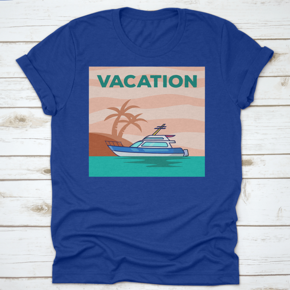 A stylish Yacht In The Ocean shirt featuring a beautiful view of a yacht with palm trees, perfect for vacation wear.
