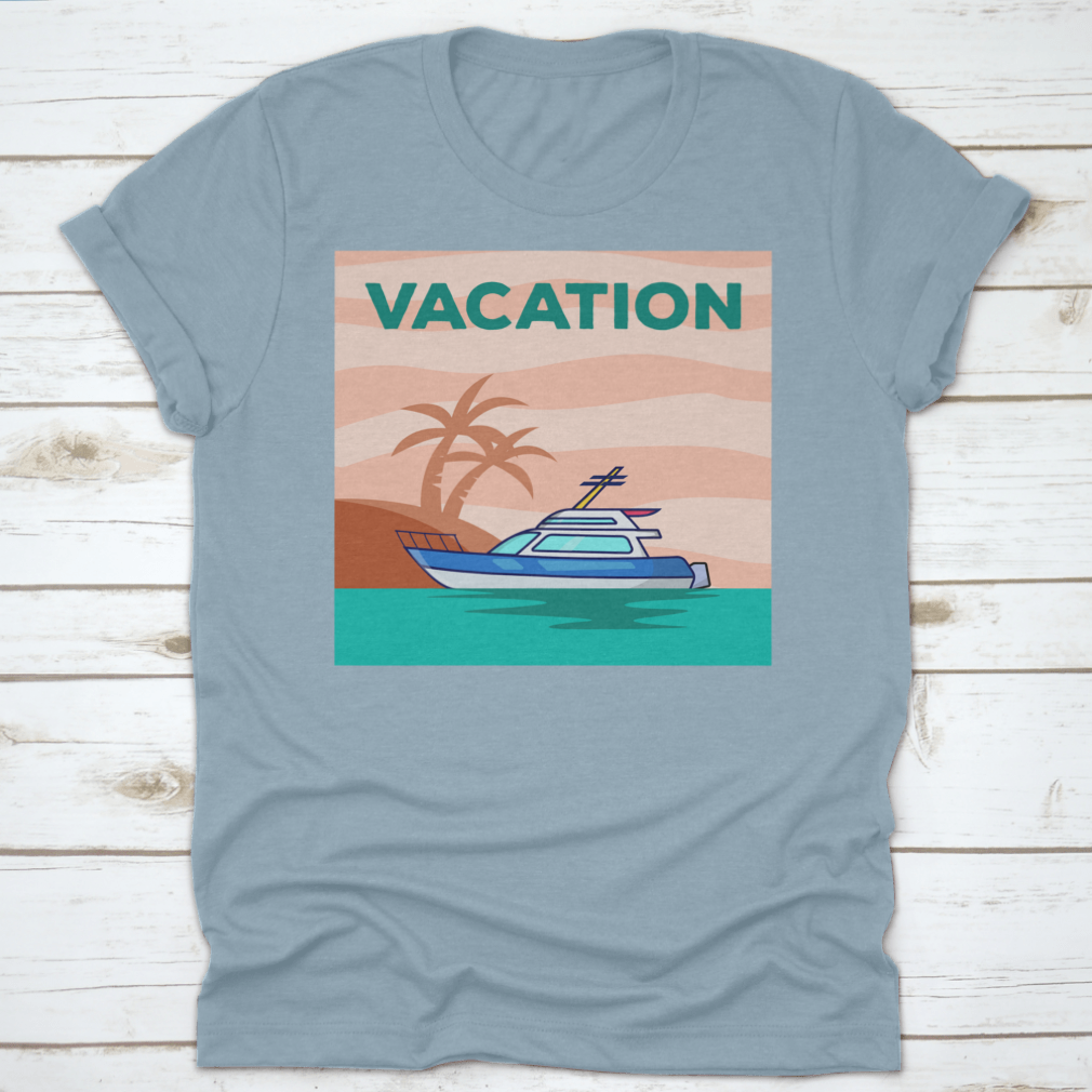 A stylish Yacht In The Ocean shirt featuring a beautiful view of a yacht with palm trees, perfect for vacation wear.