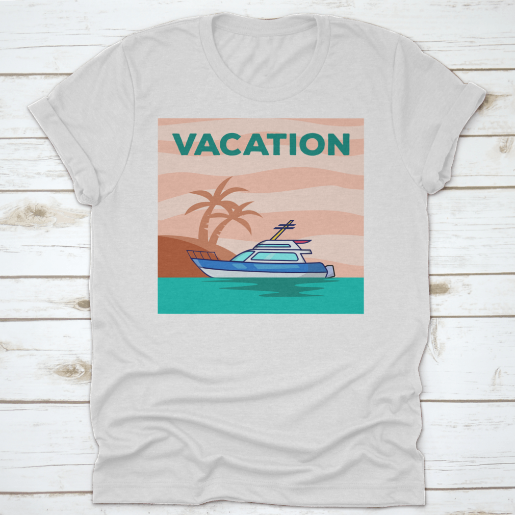 A stylish Yacht In The Ocean shirt featuring a beautiful view of a yacht with palm trees, perfect for vacation wear.