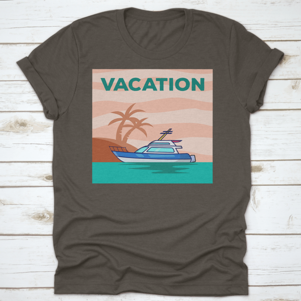 A stylish Yacht In The Ocean shirt featuring a beautiful view of a yacht with palm trees, perfect for vacation wear.