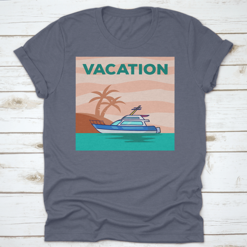 A stylish Yacht In The Ocean shirt featuring a beautiful view of a yacht with palm trees, perfect for vacation wear.