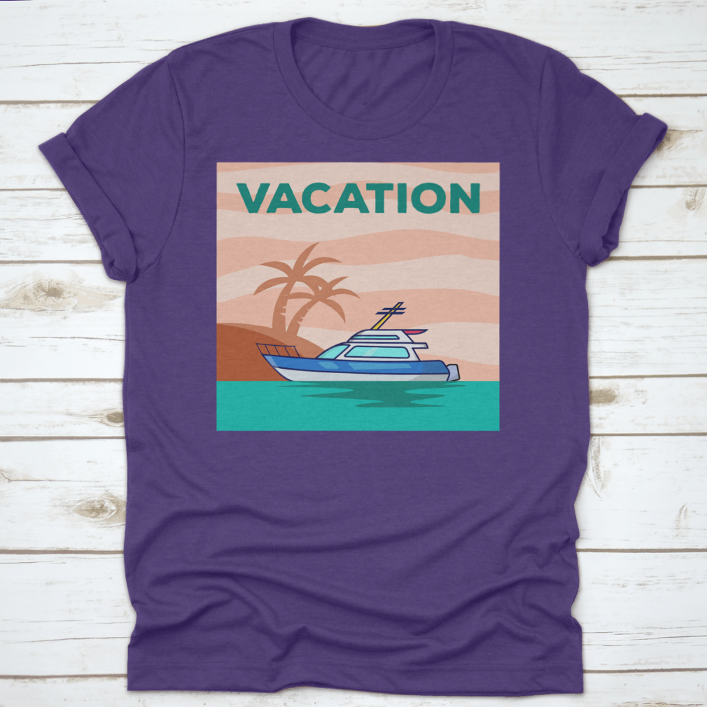 A stylish Yacht In The Ocean shirt featuring a beautiful view of a yacht with palm trees, perfect for vacation wear.