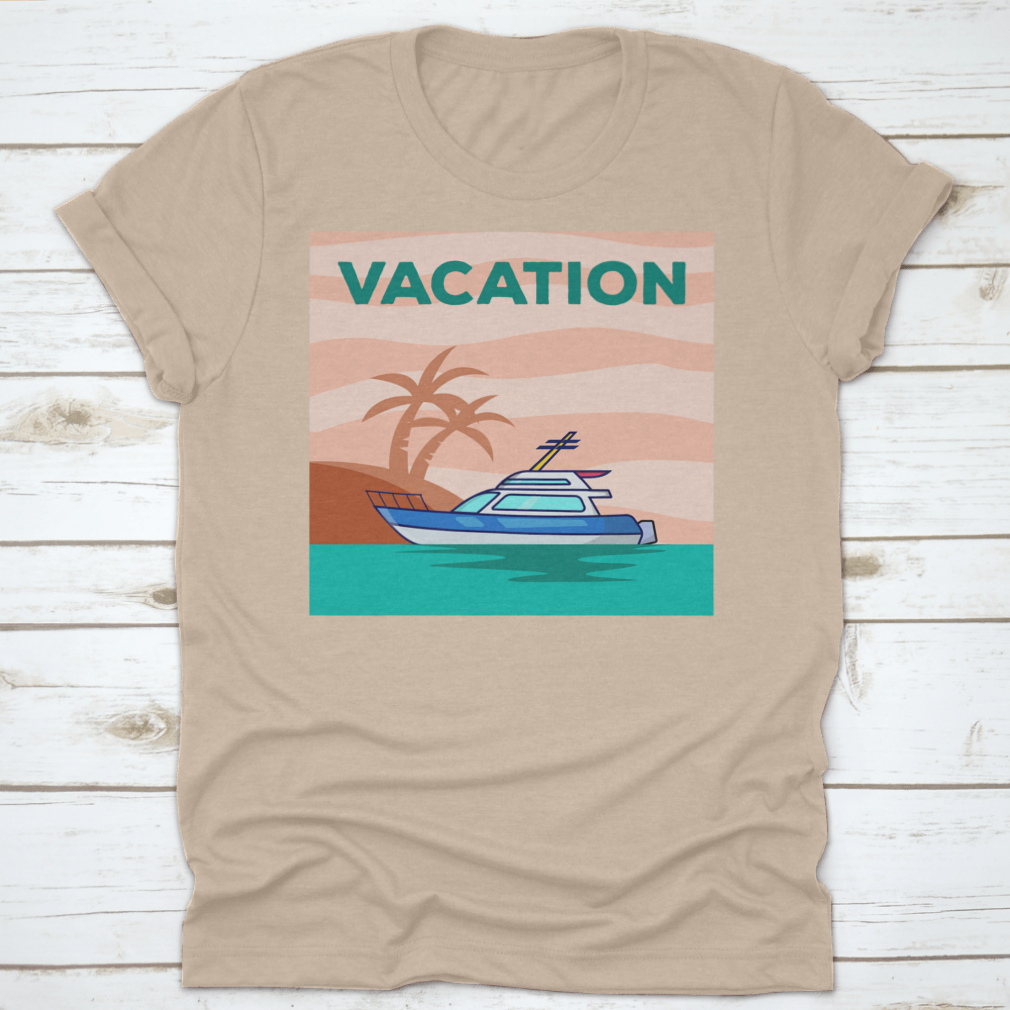 A stylish Yacht In The Ocean shirt featuring a beautiful view of a yacht with palm trees, perfect for vacation wear.